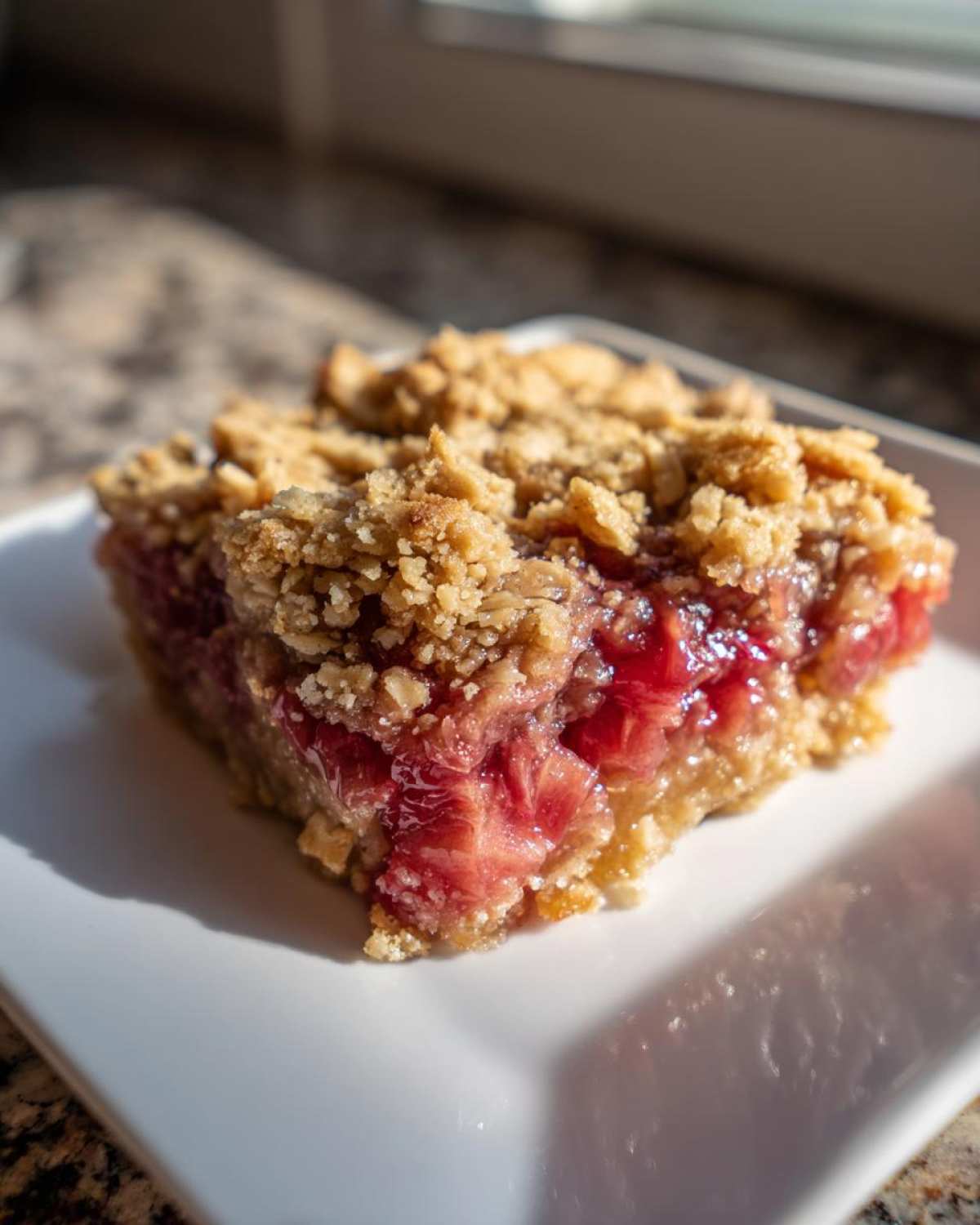 Close-up of a square slice of Old-Fashioned Rhubarb Crunch showing bright red rhubarb filling and a golden oat crumble topping.