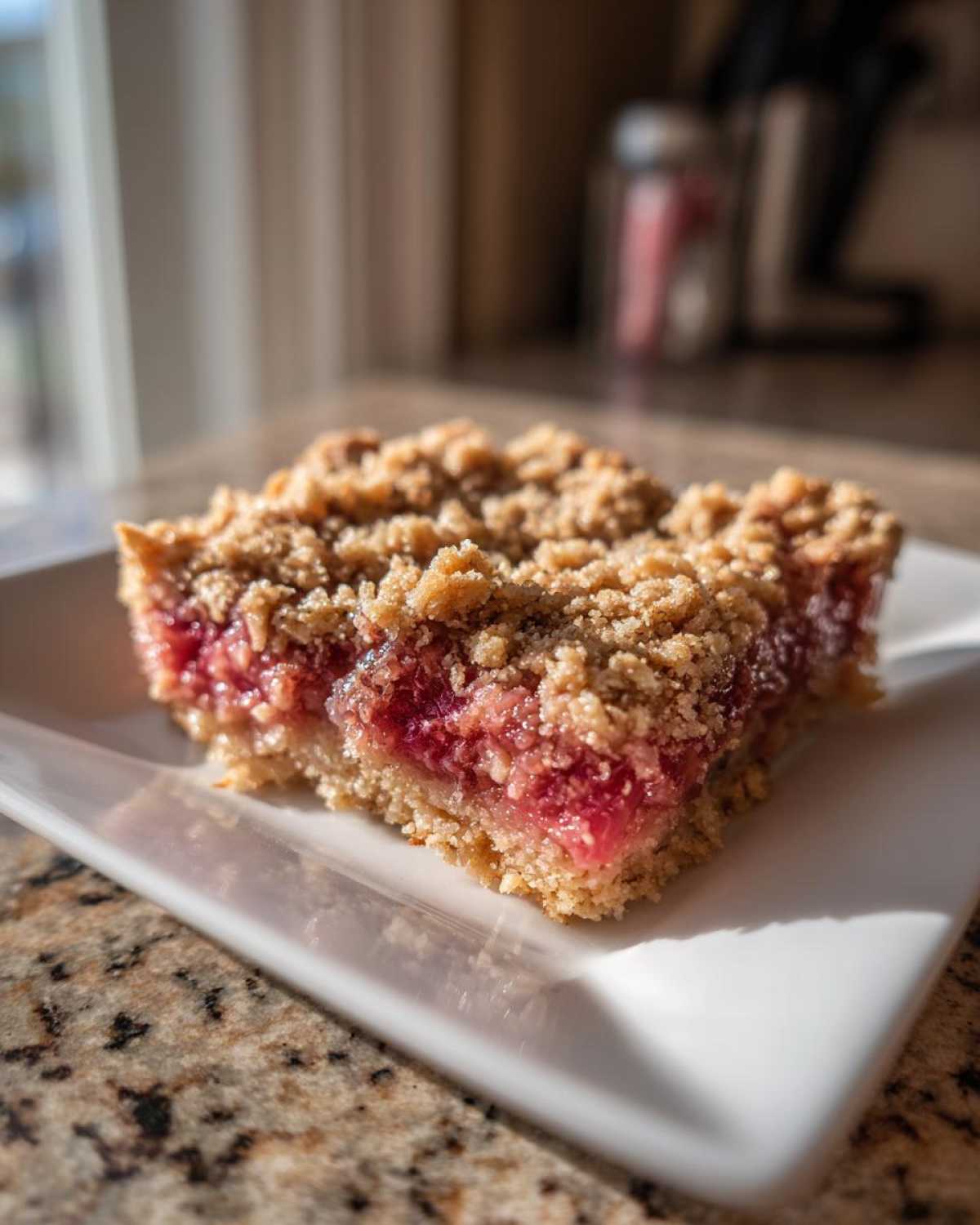A close-up of a square serving of Old-Fashioned Rhubarb Crunch showing the bright pink rhubarb filling and golden crumb topping.