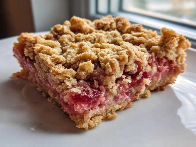 Close-up of a square slice of Old-Fashioned Rhubarb Crunch showing the thick, gooey rhubarb filling and oat crumble topping.