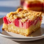 Close-up of a square slice of Old-Fashioned Rhubarb Custard Bars with a crumb topping.