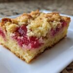 A close-up of a single serving of Old-Fashioned Rhubarb Custard Bars showing a bright pink rhubarb filling and a crumbly topping.