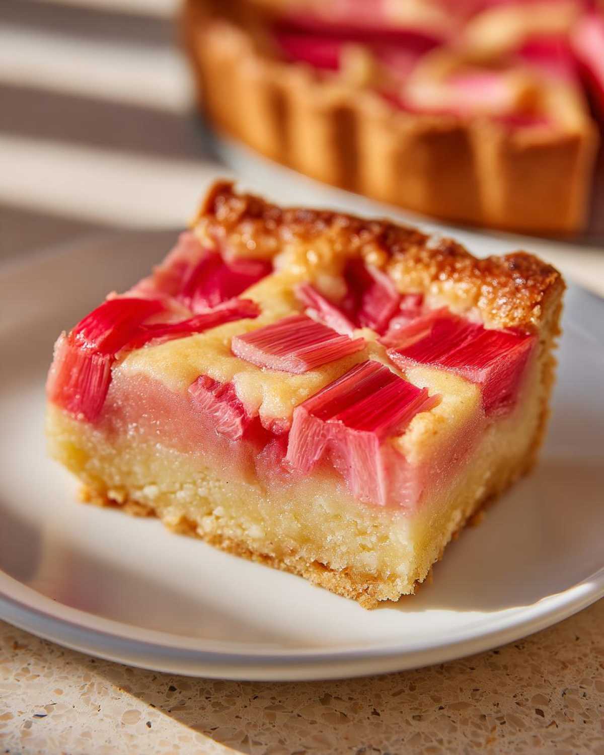 Close-up of a square slice of Old-Fashioned Rhubarb Custard Bars on a white plate.