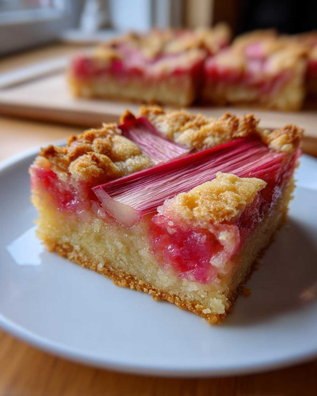 Close-up of a square slice of Old-Fashioned Rhubarb Custard Bars with bright pink rhubarb topping on a white plate.