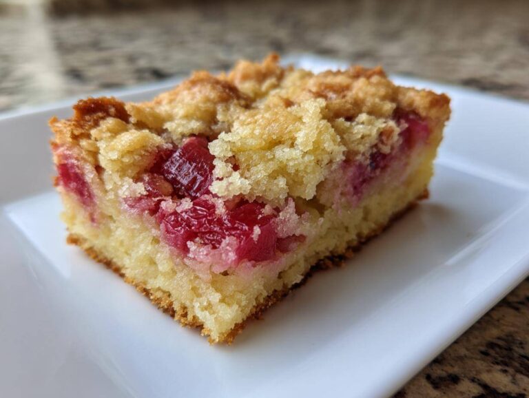 A close-up of a single serving of Old-Fashioned Rhubarb Custard Bars showing a bright pink rhubarb filling and a crumbly topping.