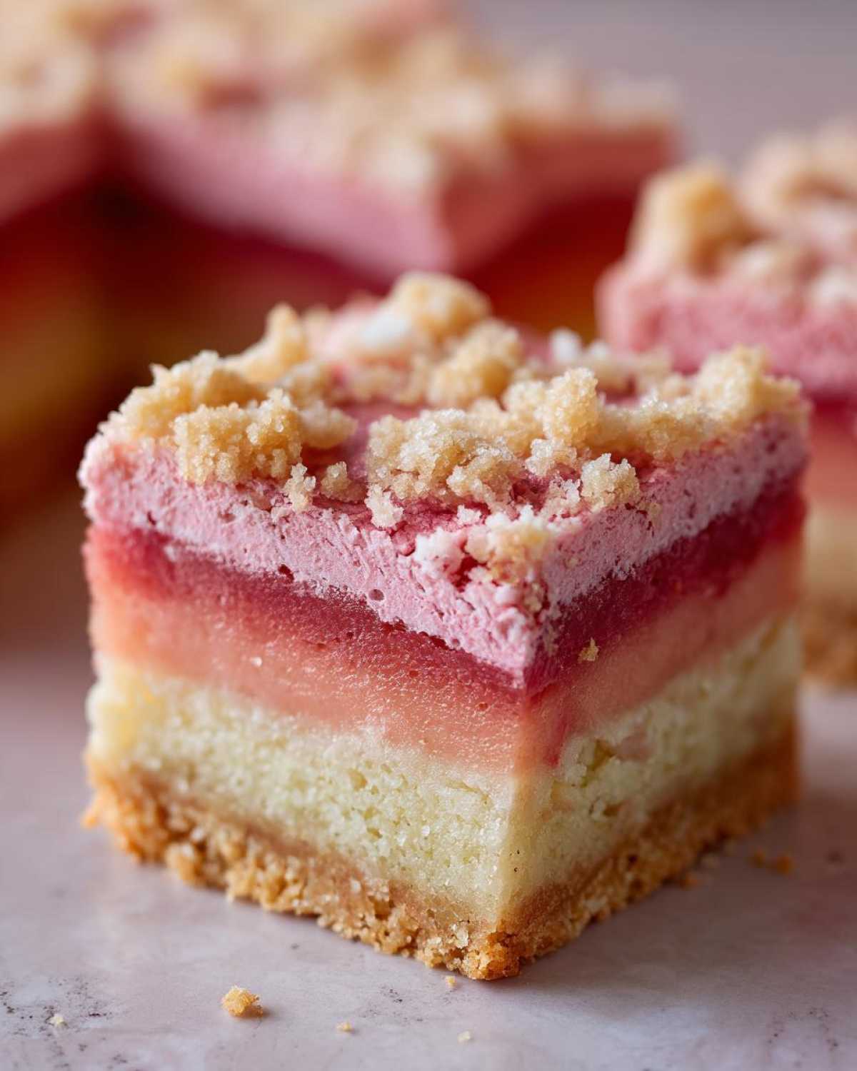 A square slice of Ombre Rhubarb Picnic Bars showing three distinct pink/red layers and a crumble topping.