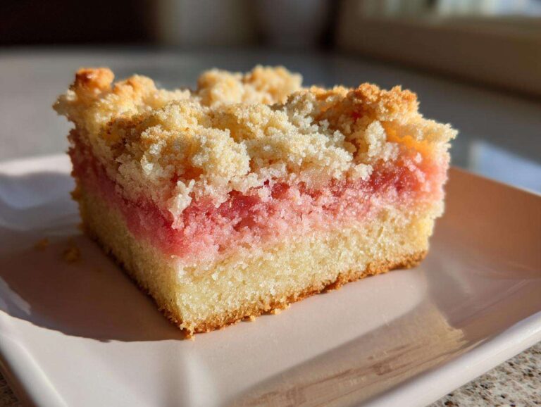 Close-up of a square slice of Ombre Rhubarb Picnic Bars showing a cake base, pink rhubarb layer, and crumb topping.