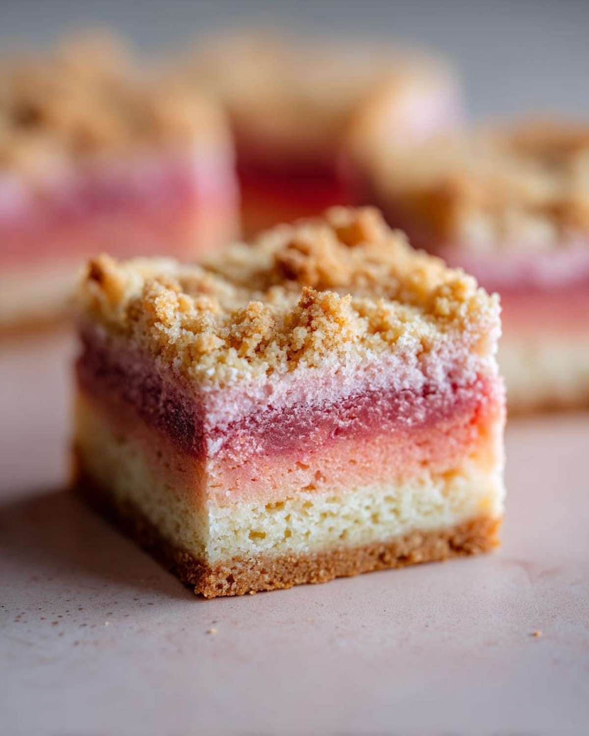 A single square slice of Ombre Rhubarb Picnic Bars showing three distinct pink/orange layers and a crumbly topping.