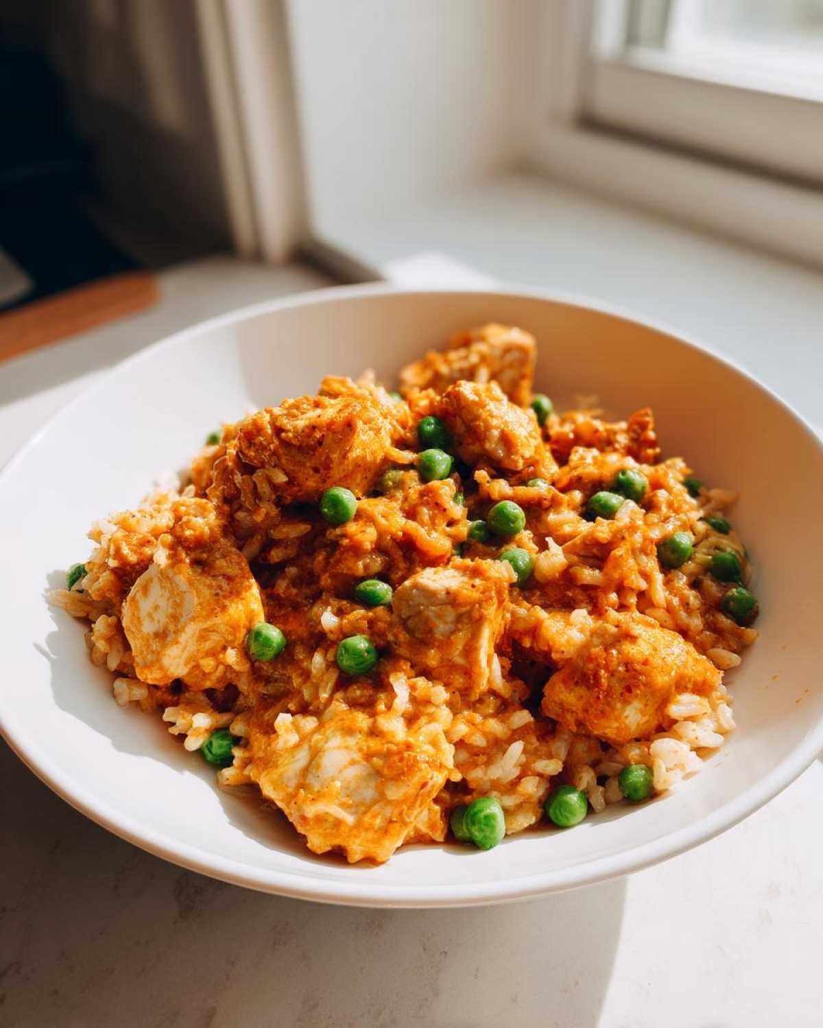 A bowl of creamy, orange-spiced cajun chicken mixed with rice and bright green peas.
