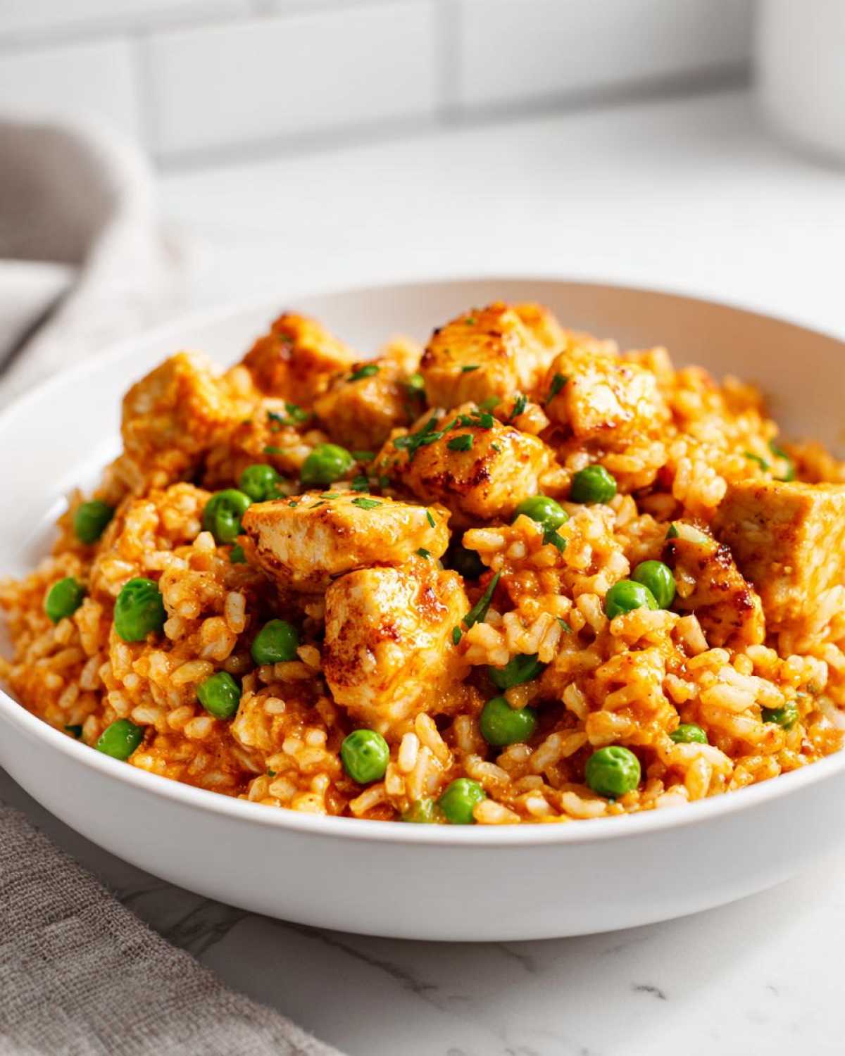 Close-up of a white bowl filled with creamy rice, bright green peas, and seasoned chunks of Cajun chicken.