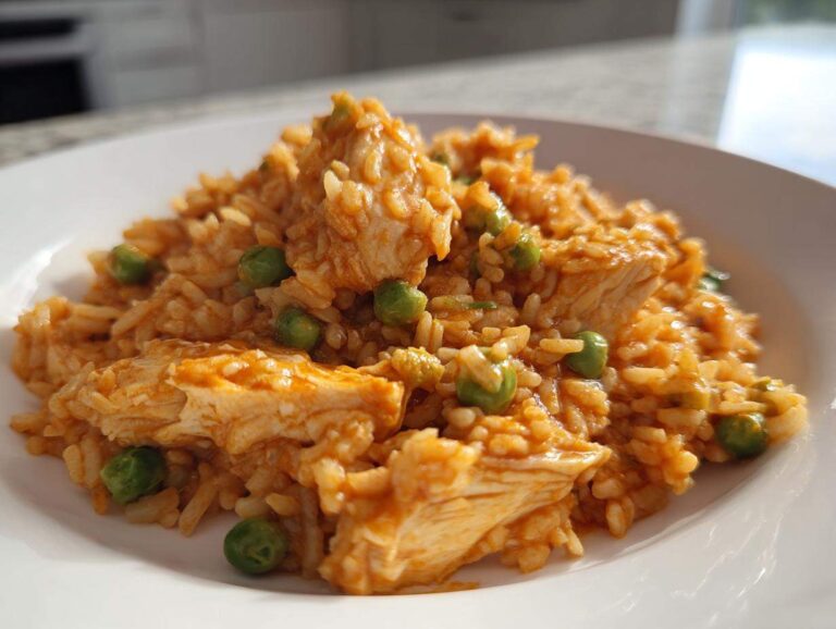 Close-up of a serving of orange-tinted rice mixed with chunks of chicken and bright green peas, representing a Cajun chicken one-pan dinner.