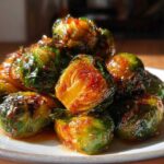 A close-up of roasted Orange Maple Glazed Brussels Sprouts piled on a white plate, glistening with a sweet and savory glaze.