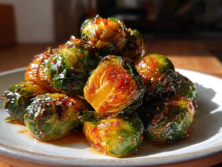 A close-up of roasted Orange Maple Glazed Brussels Sprouts piled on a white plate, glistening with a sweet and savory glaze.