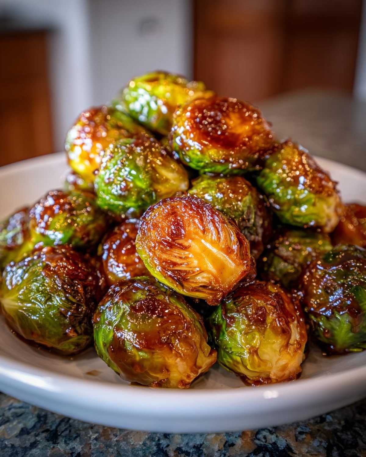 A close-up of roasted Brussels sprouts coated in a shiny glaze, ready to serve, featuring Orange Maple Glazed Brussels Sprouts.