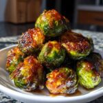 A close-up of roasted Brussels sprouts coated in a shiny Orange Maple Glazed sauce, piled high on a white dish.