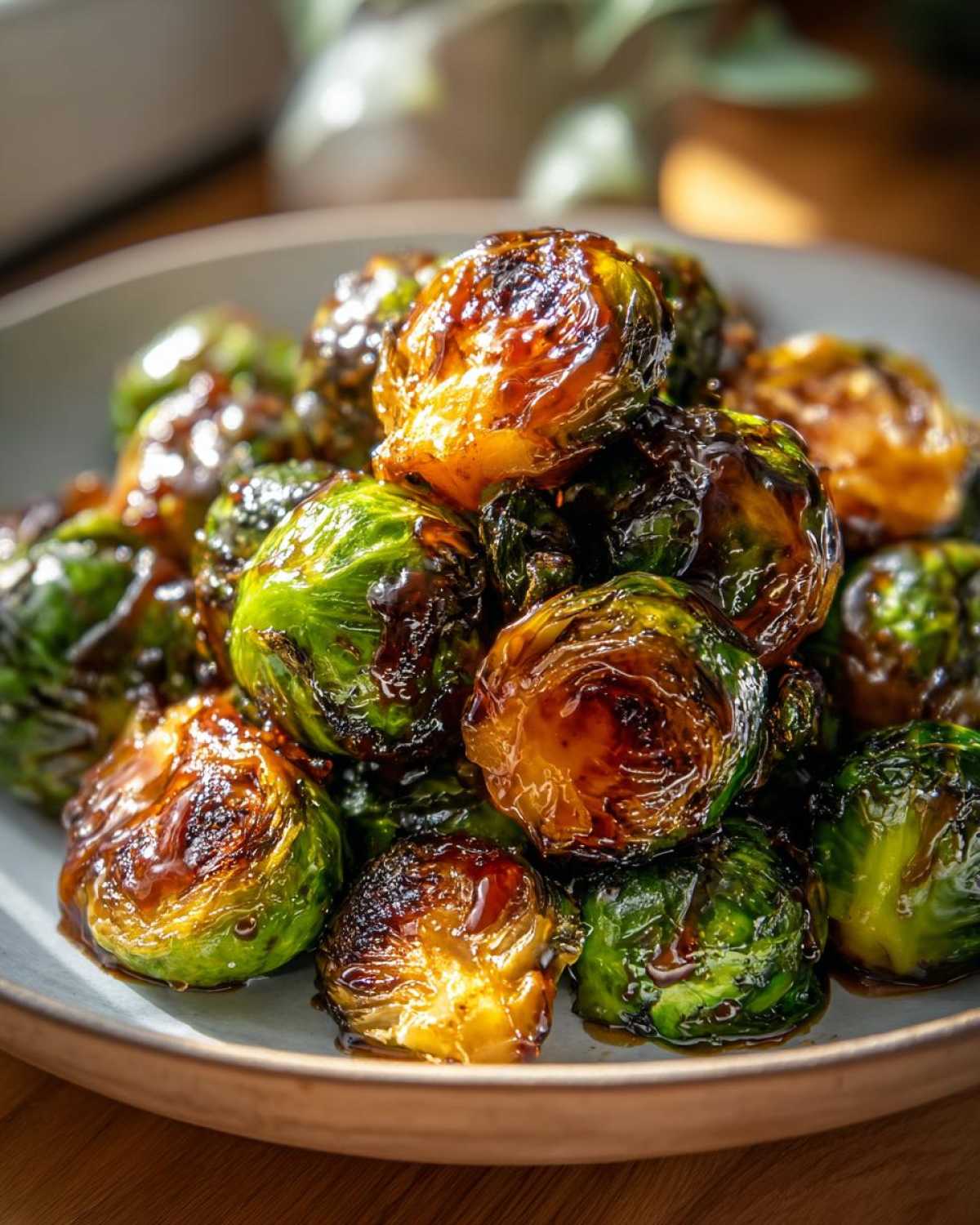 Close-up of roasted Orange Maple Glazed Brussels Sprouts piled high, coated in a shiny, dark glaze.