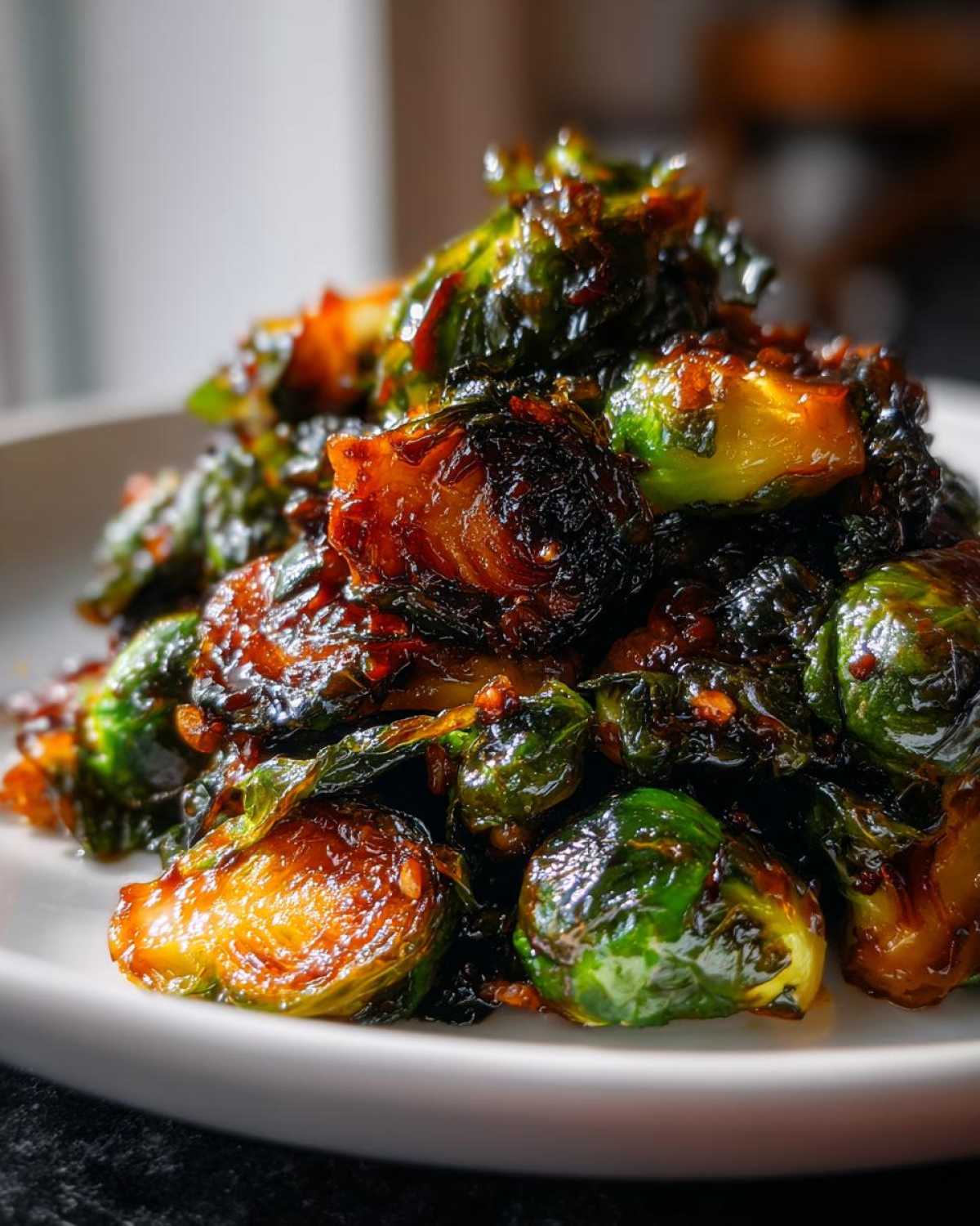 Close-up of caramelized Orange Maple Glazed Brussels Sprouts piled high on a white plate.