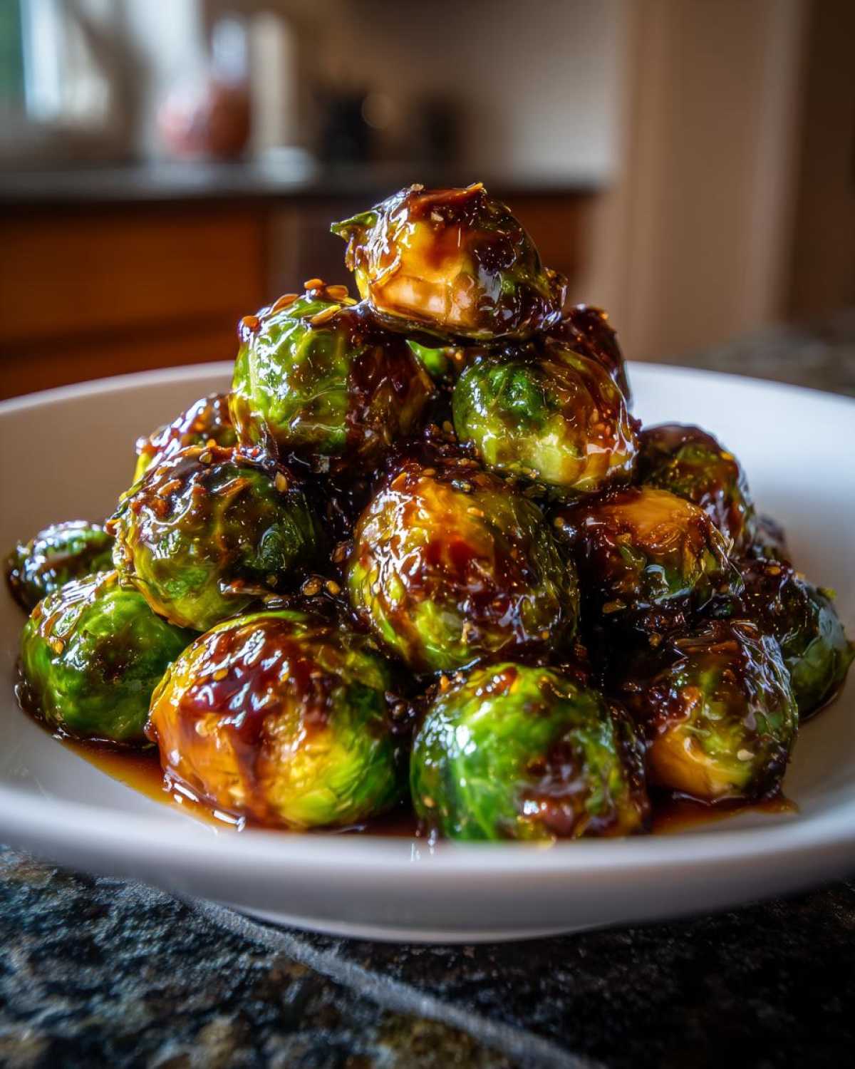A close-up of a mound of bright green Orange Maple Glazed Brussels Sprouts coated in a thick, dark, shiny glaze.