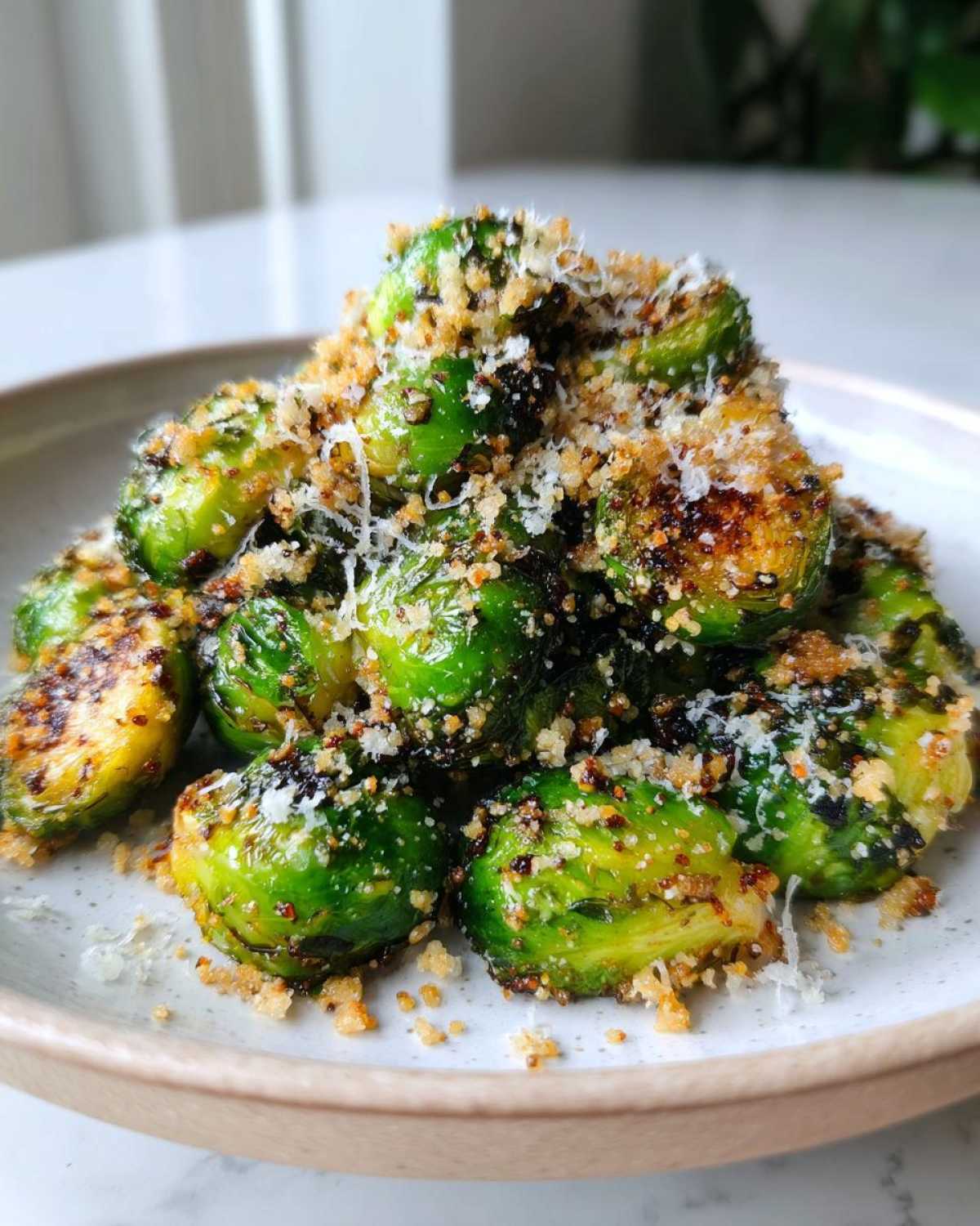 A close-up of bright green Oven Roasted Brussels Sprouts with Parmesan cheese and crispy breadcrumbs piled on a light plate.