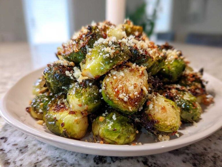 A close-up of Oven Roasted Brussels Sprouts with Parmesan piled high on a white plate.