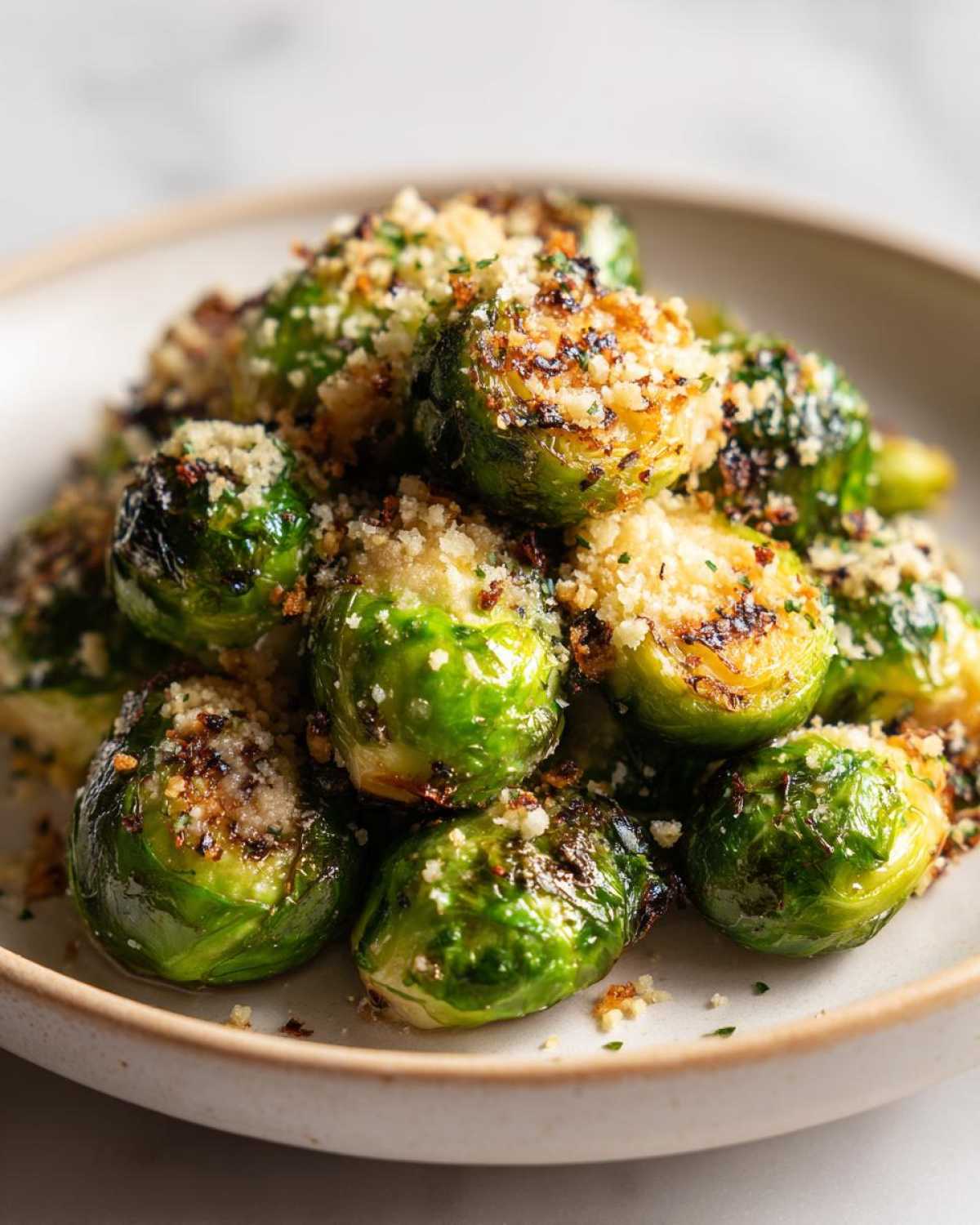 A close-up of perfectly cooked Oven Roasted Brussels Sprouts with Parmesan cheese topping.