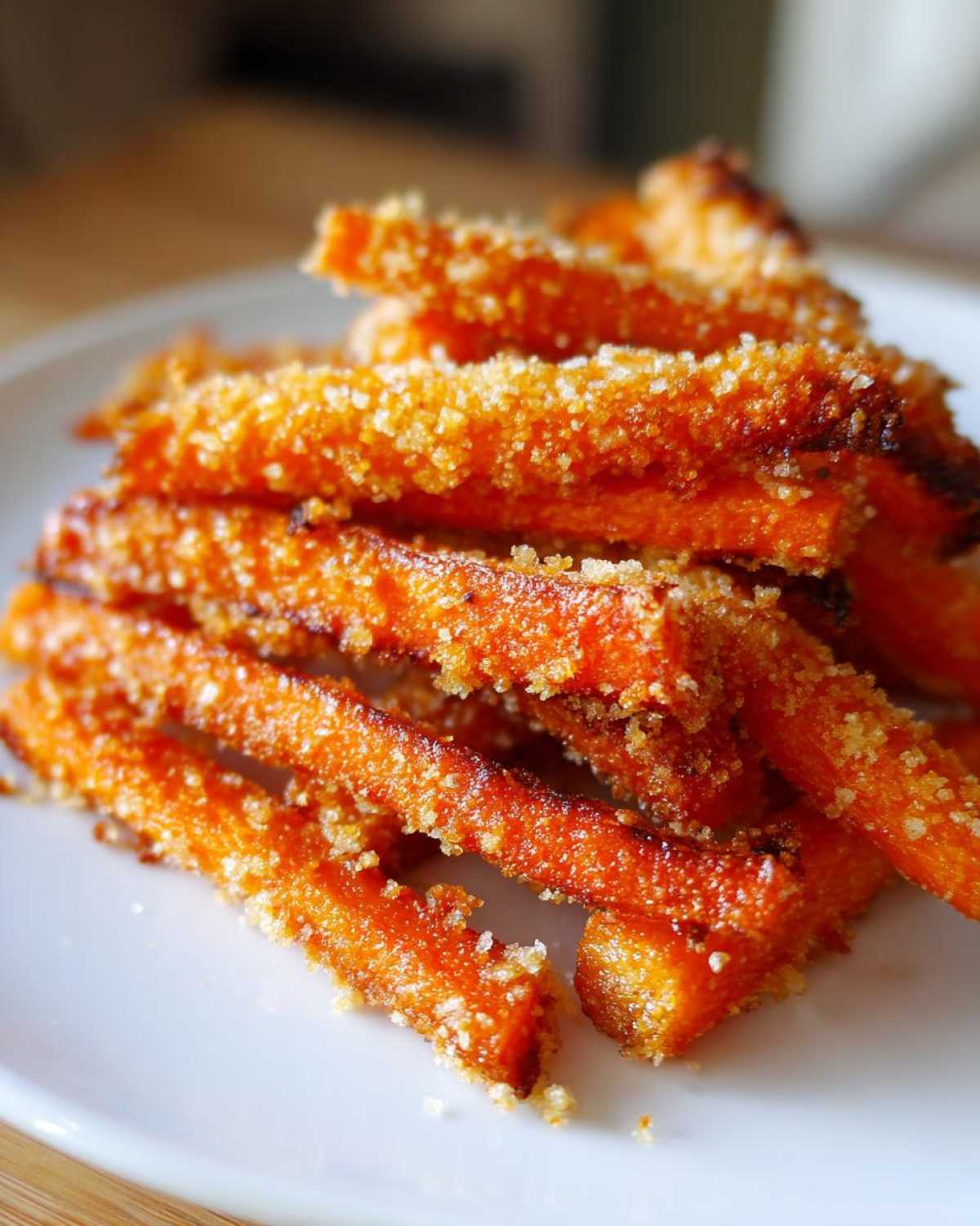 Close-up of baked Parmesan Carrot Fries, bright orange and coated in crispy, golden parmesan topping.