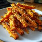 A close-up of crispy, golden Parmesan Carrot Fries piled high on a white plate, perfectly baked.
