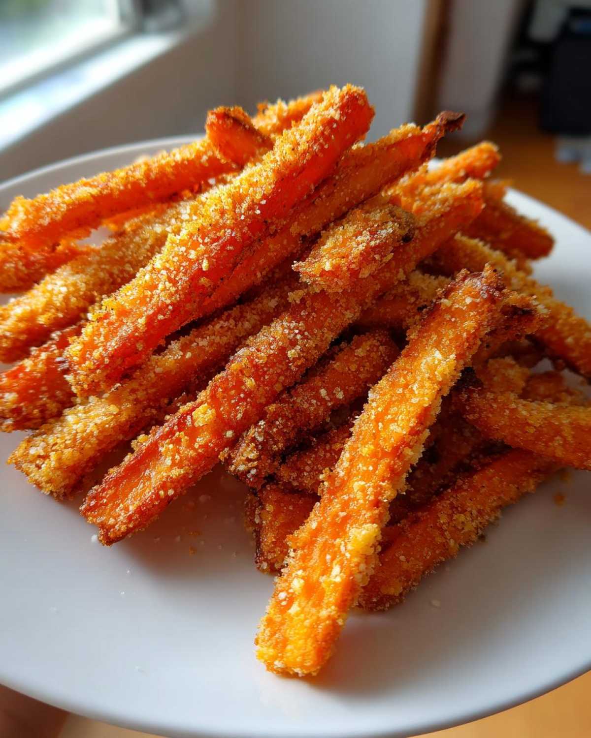 A close-up of a pile of bright orange, crispy Parmesan Carrot Fries coated in seasoning on a white plate.