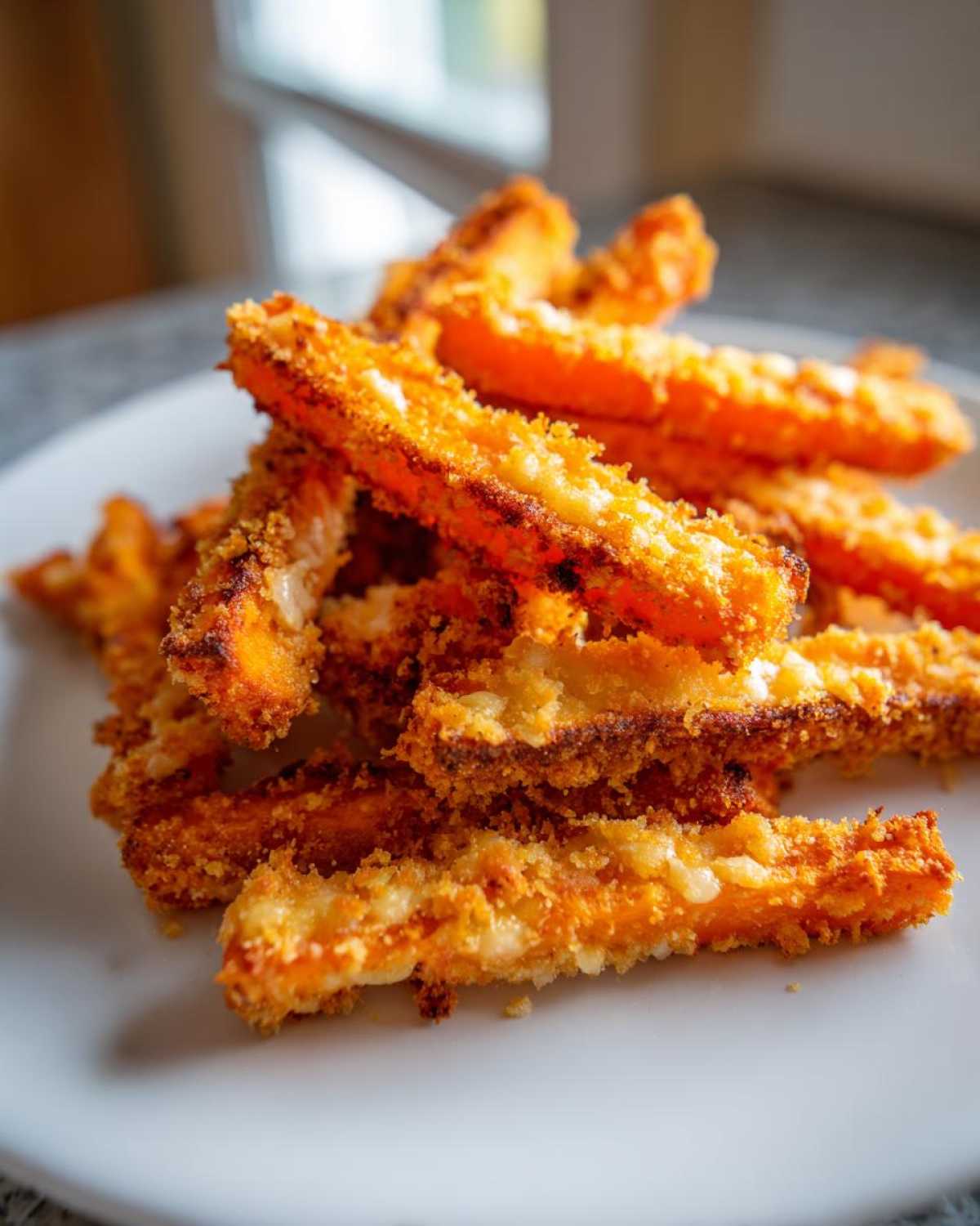 A close-up of a pile of crispy, baked Parmesan Carrot Fries showing their bright orange color and cheesy coating.