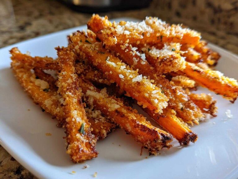 A close-up of a pile of crispy, oven-baked Parmesan Carrot Fries dusted with grated cheese.