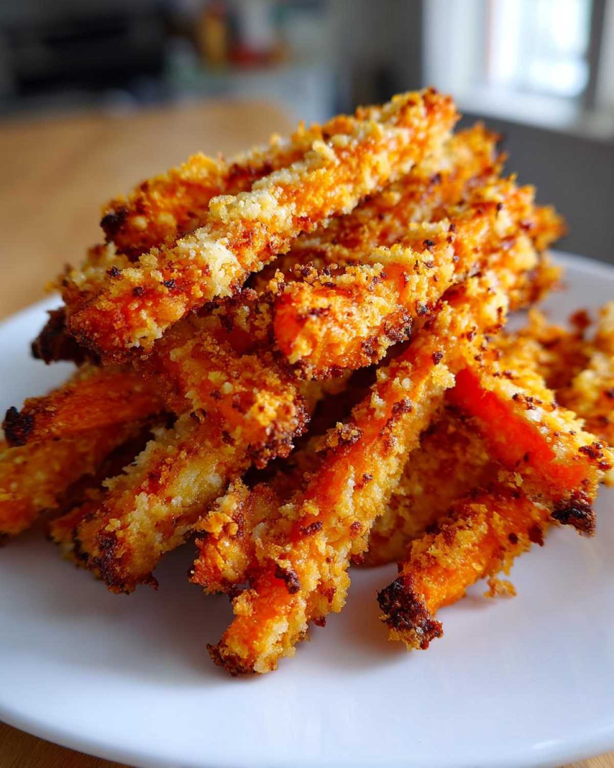 A close-up stack of crispy, golden-brown Parmesan Carrot Fries piled high on a white plate.