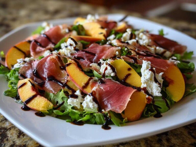 A vibrant Peach & Burrata Salad with Prosciutto featuring fresh peaches, torn burrata, and prosciutto drizzled with balsamic glaze.