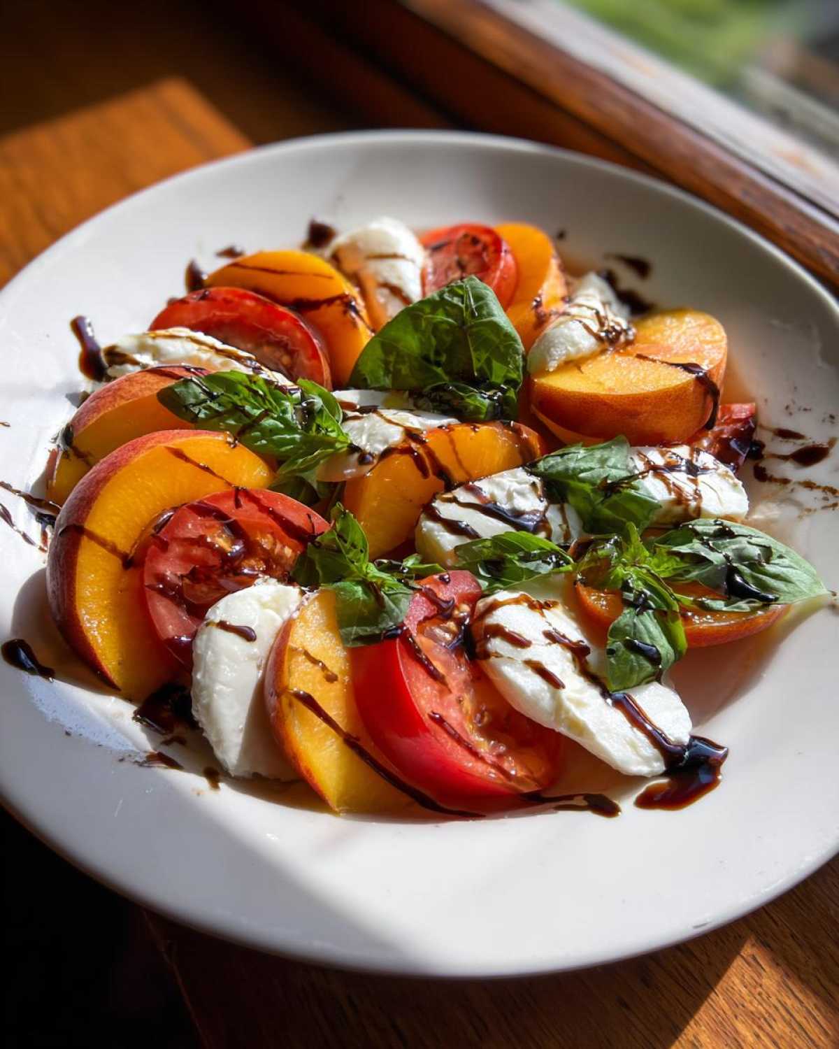 Close-up of a fresh Peach Caprese Salad featuring sliced peaches, tomatoes, mozzarella, and basil drizzled with balsamic glaze.