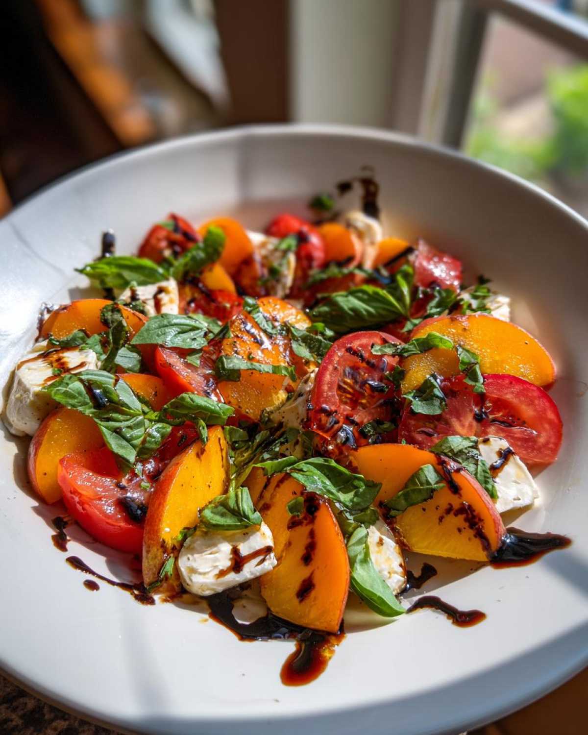 A bright bowl of Peach Caprese Salad featuring sliced peaches, tomatoes, mozzarella, and fresh basil drizzled with balsamic glaze.