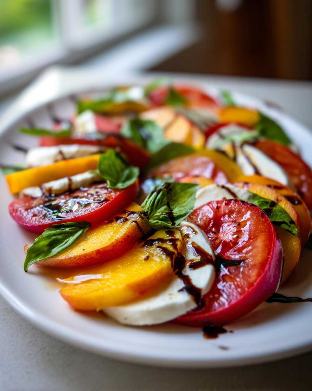Close-up of a refreshing Peach Caprese Salad featuring alternating slices of peach, tomato, mozzarella, and basil, drizzled with balsamic glaze.