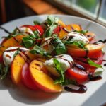 A close-up of a fresh Peach Caprese Salad featuring sliced peaches, mozzarella, tomatoes, basil, and balsamic glaze.