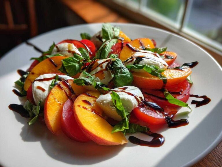 Divine Peach Caprese Salad: 1 Easy Drizzle A close-up of a fresh Peach Caprese Salad featuring sliced peaches, mozzarella, tomatoes, basil, and balsamic glaze.