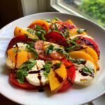 Close-up of a Peach Caprese Salad featuring sliced peaches, tomatoes, mozzarella, and fresh basil drizzled with balsamic glaze.