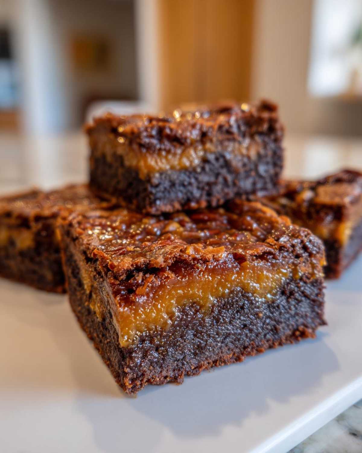 Close-up of stacked pecan pie brownies showing a dense chocolate base, gooey caramel layer, and pecan topping.