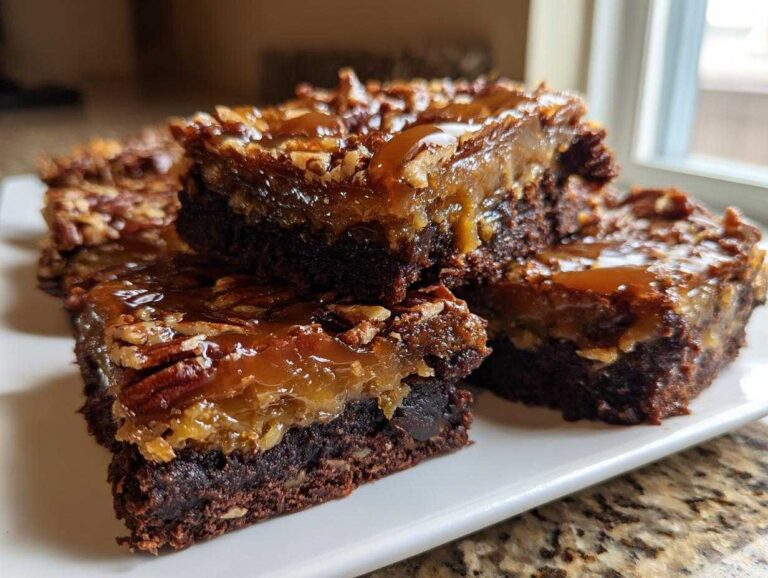 Close-up of several decadent pecan pie brownies stacked, featuring a fudgy base and a gooey caramel pecan topping.