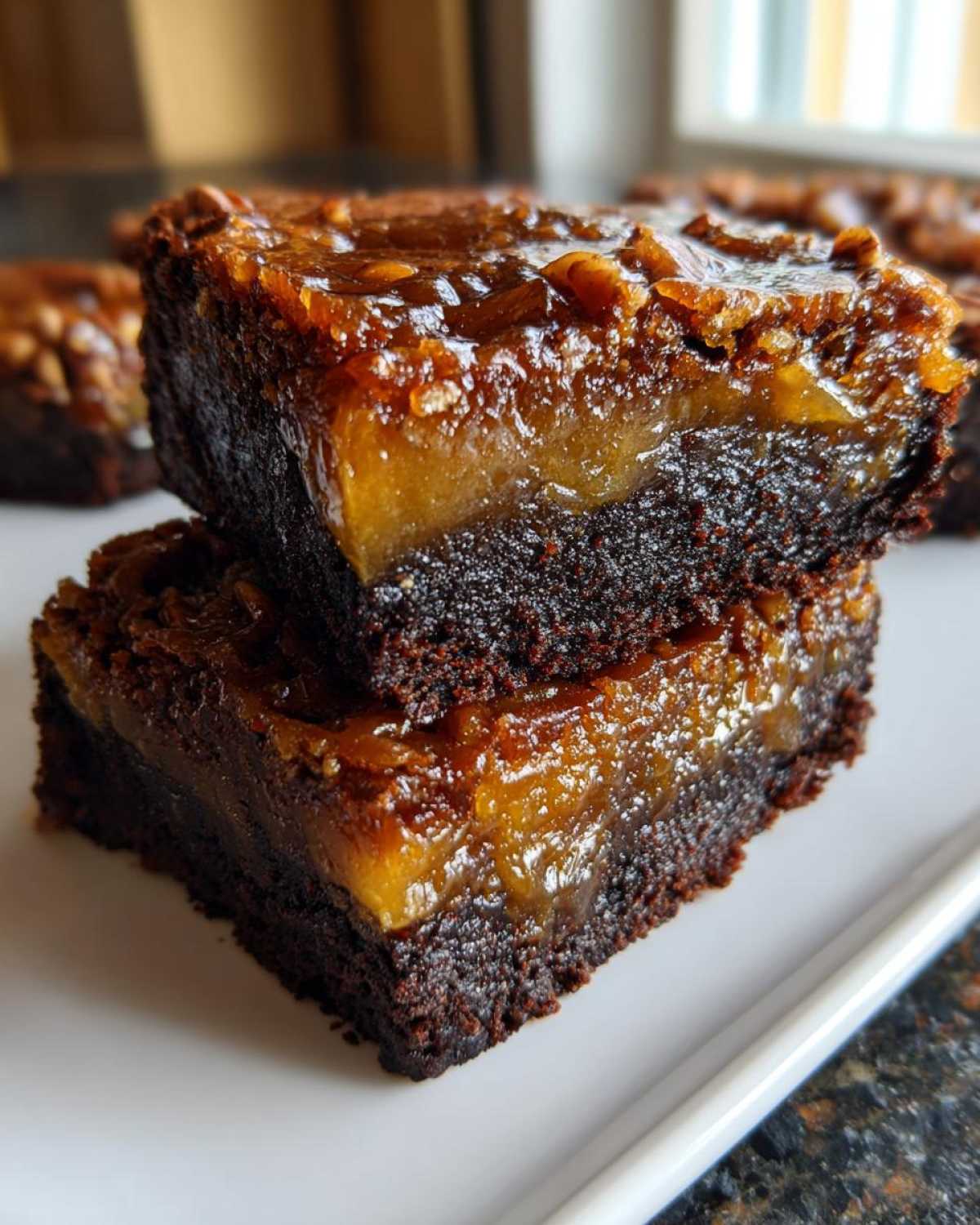 Two stacked pecan pie brownies showing a rich, dark chocolate base and a thick, gooey pecan topping.