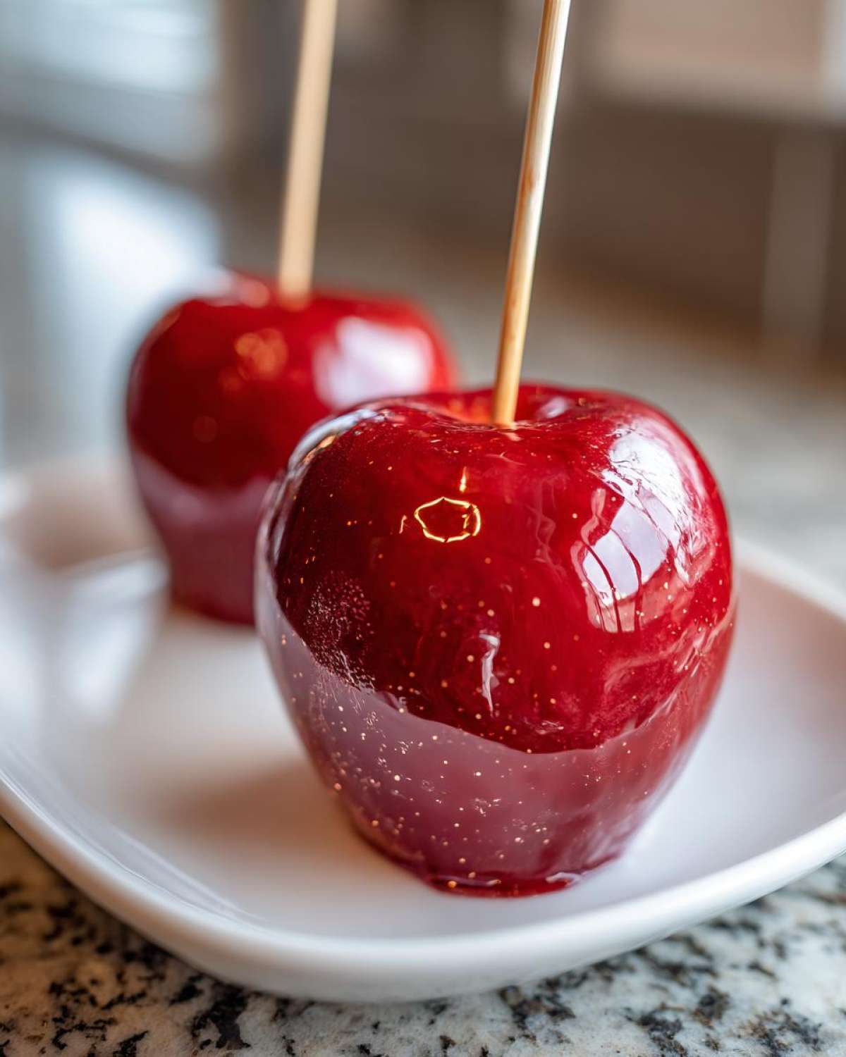 Close-up of a perfectly dipped, shiny red candy apple dusted with edible gold glitter, resting on a white plate.
