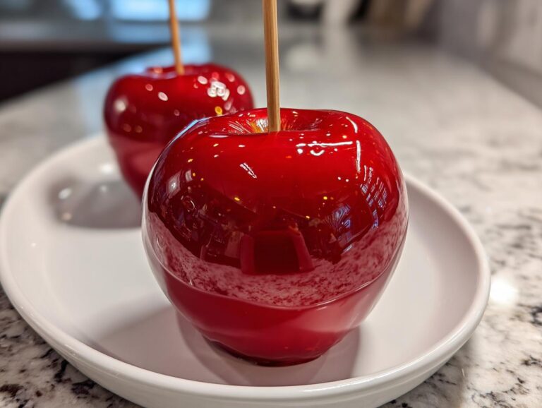 Perfect 1-Dip Candy Apple Secrets Revealed Close-up of a perfectly dipped, shiny red candy apple on a white plate, ready to eat.