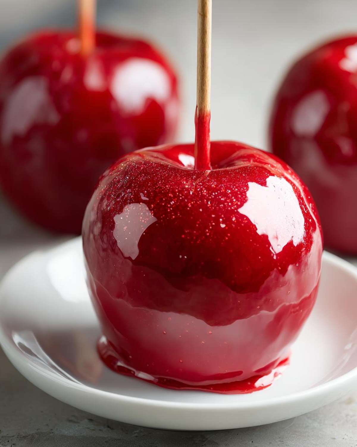 Close-up of a perfectly dipped, glossy red candy apple with edible glitter, resting on a small white plate.