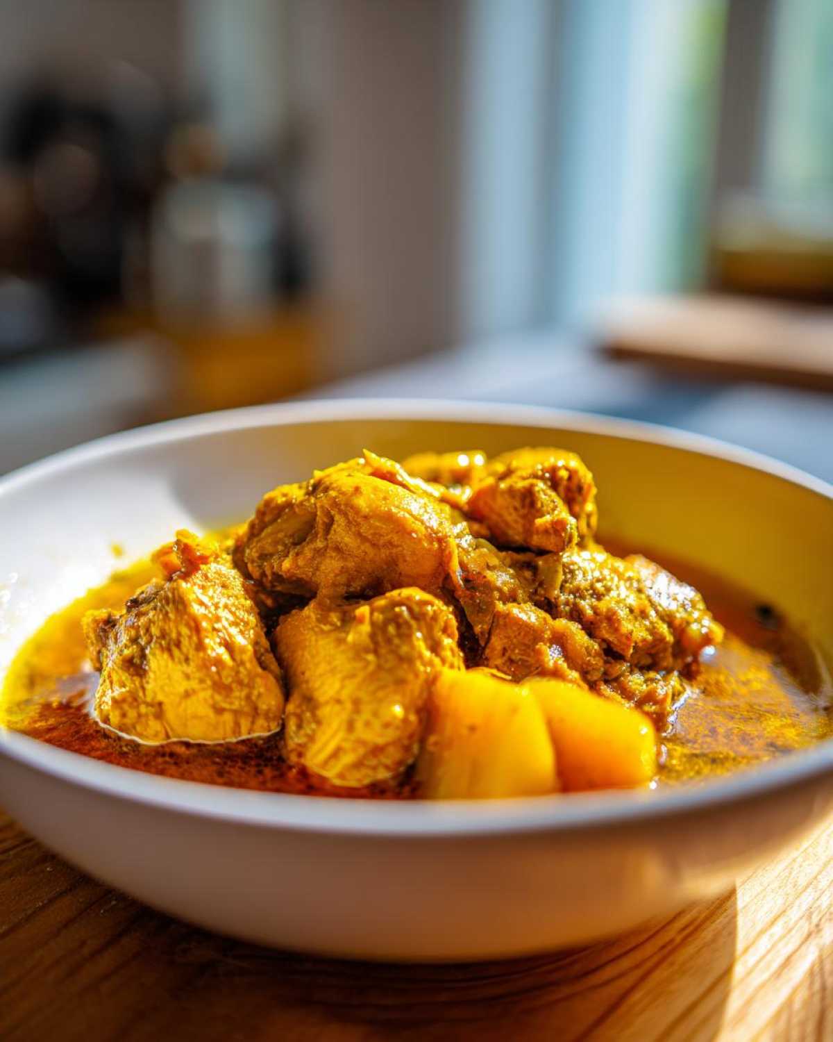 Close-up of tender chicken pieces in a rich, golden sauce, part of the Persian Rhubarb Chicken with Saffron recipe.