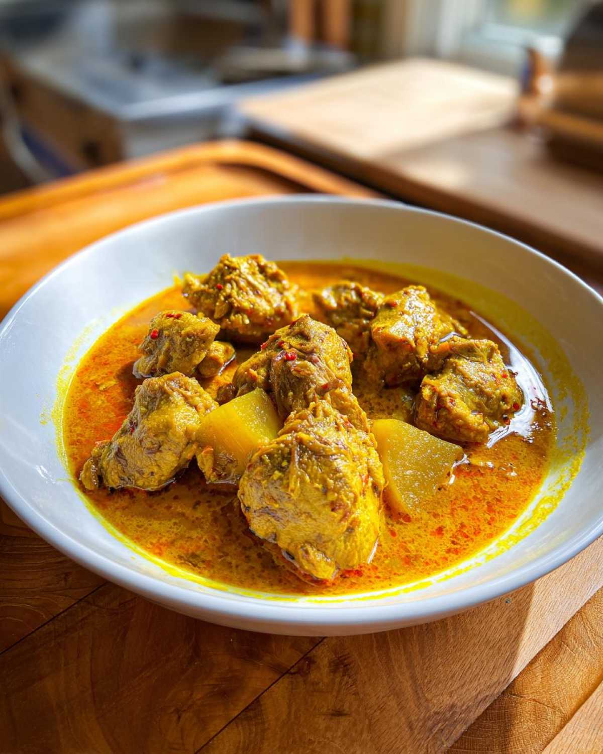 Close-up of rich, yellow Persian Rhubarb Chicken with Saffron served in a white bowl on a wooden surface.