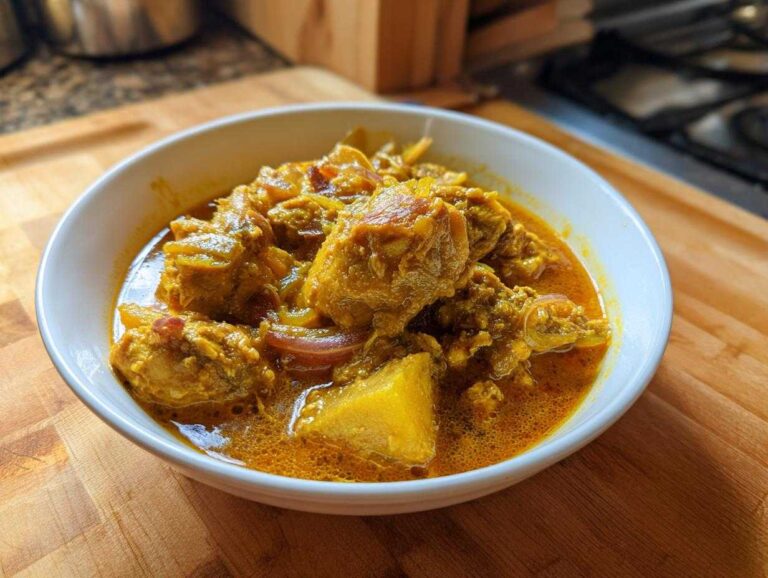 A close-up of a white bowl filled with rich, yellow Persian Rhubarb Chicken with Saffron stew, featuring chicken pieces and onions.