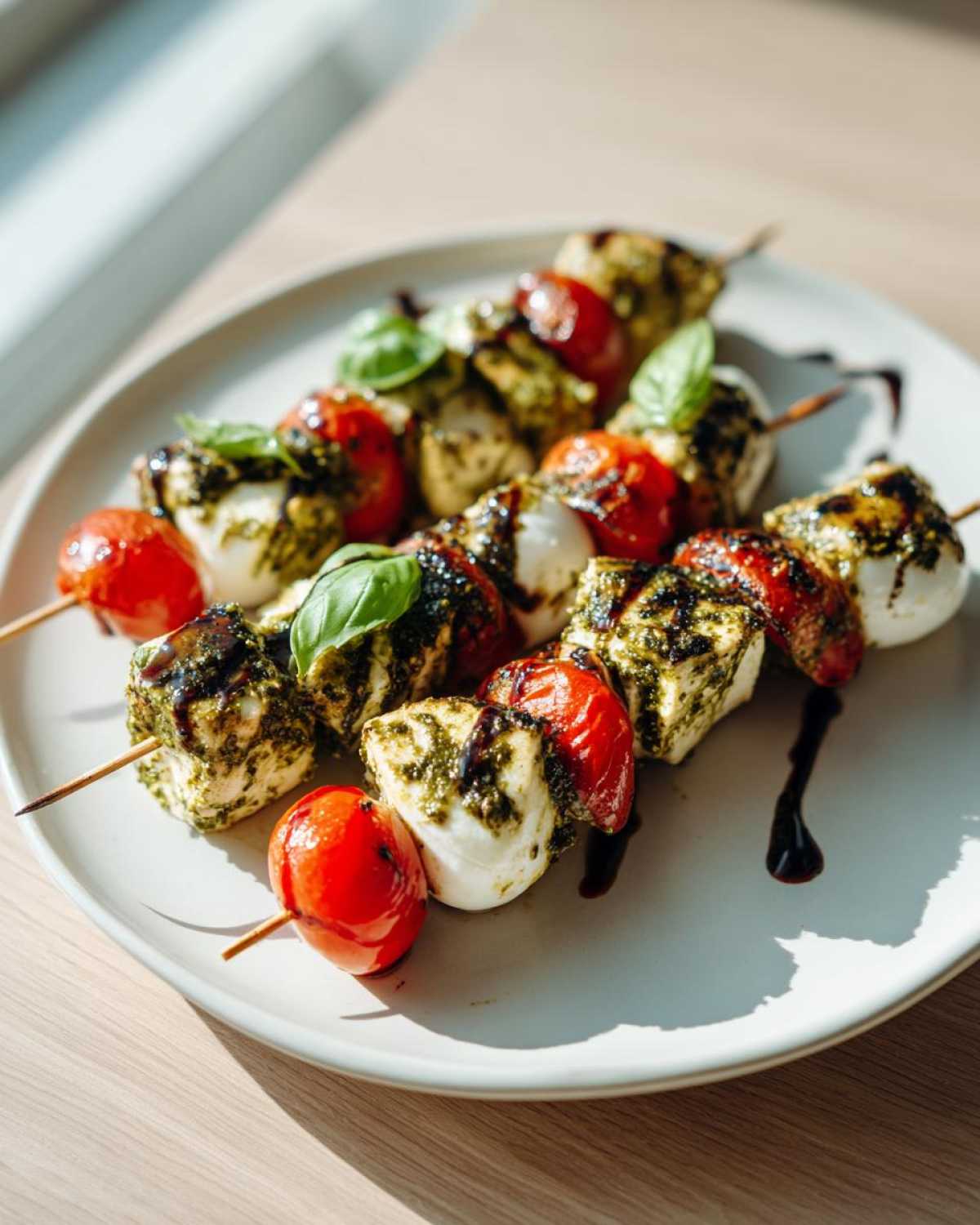 Close-up of Pesto Chicken Caprese Skewers featuring mozzarella, cherry tomatoes, pesto, and basil leaves.