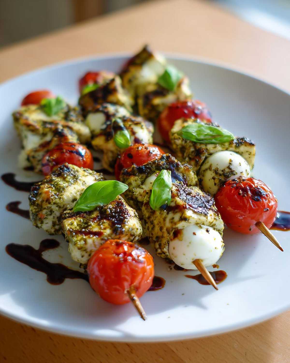Close-up of grilled Pesto Chicken Caprese Skewers featuring chicken, mozzarella balls, and cherry tomatoes drizzled with balsamic glaze.