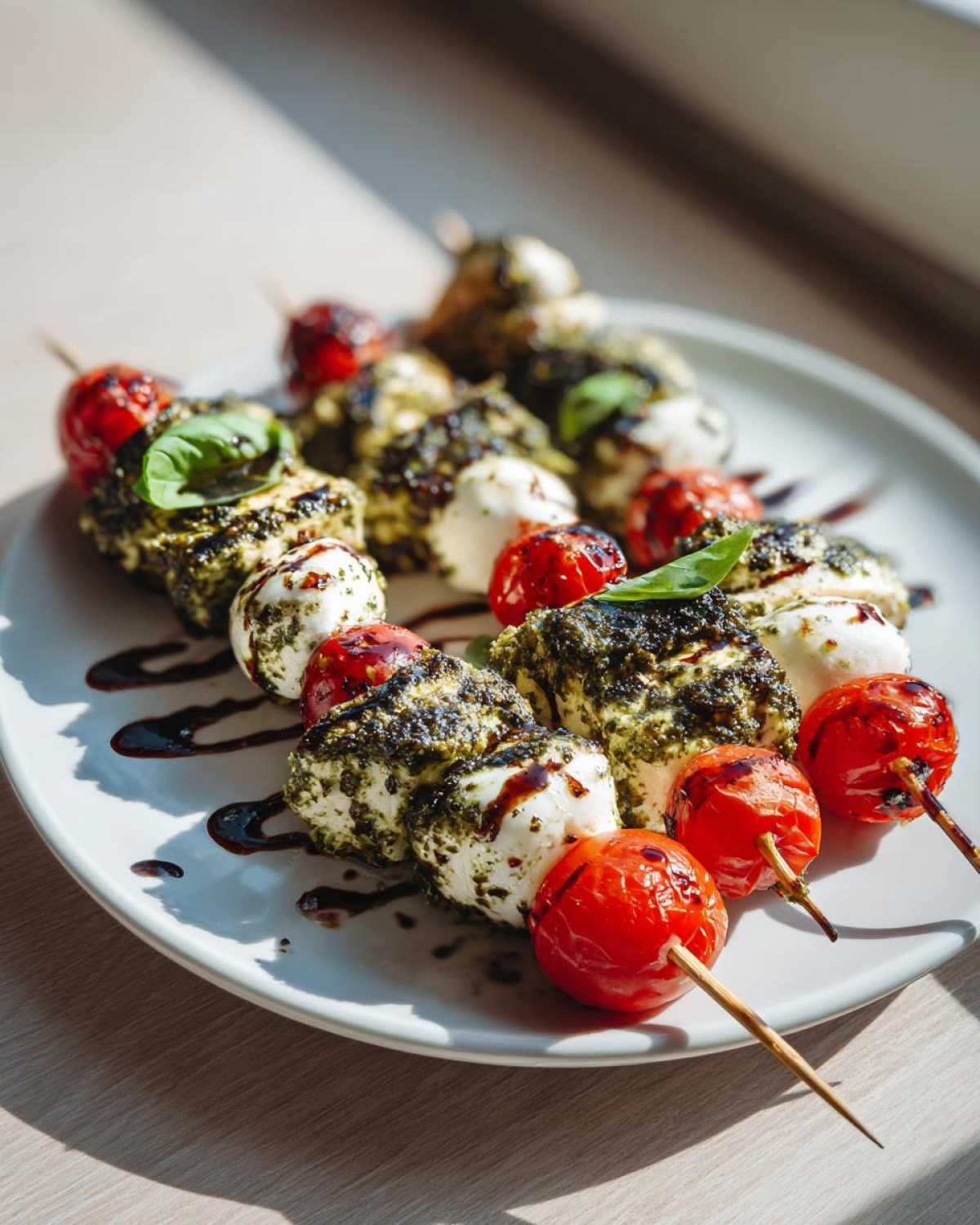 Close-up of Pesto Chicken Caprese Skewers featuring pesto-coated chicken, mozzarella balls, and grilled cherry tomatoes drizzled with balsamic glaze.