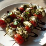 Close-up of Pesto Chicken Caprese Skewers featuring mozzarella, roasted tomatoes, and basil, drizzled with balsamic glaze.